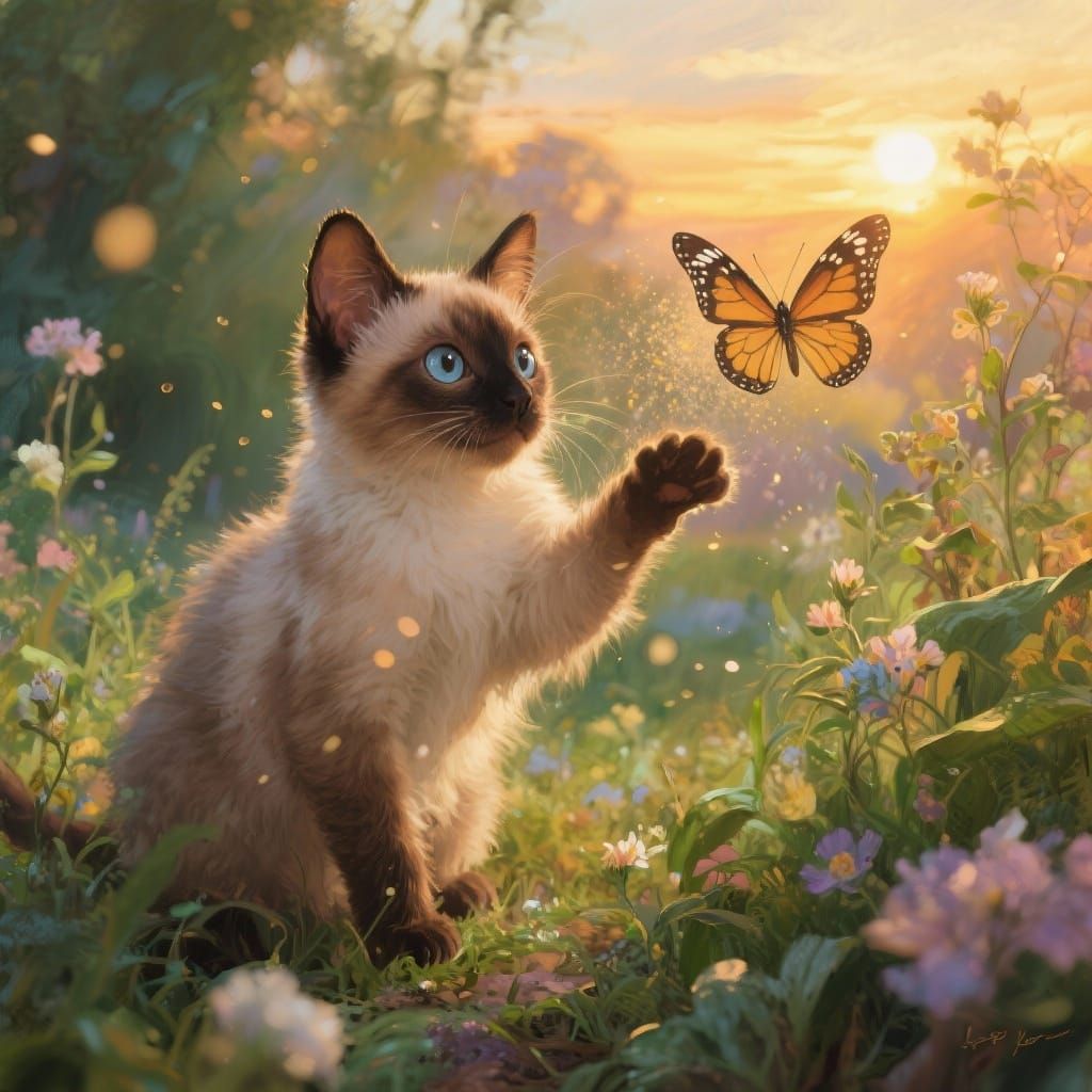 Fluffy Kitten Batting Butterfly in Sunset Garden Oil Paintin...