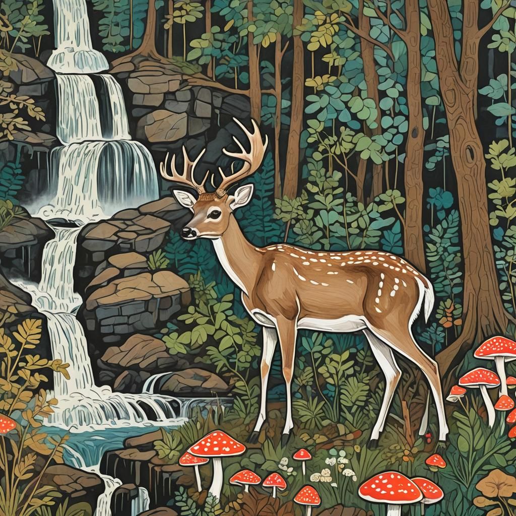 White-Tailed Deer in Forest, Art Brut Style