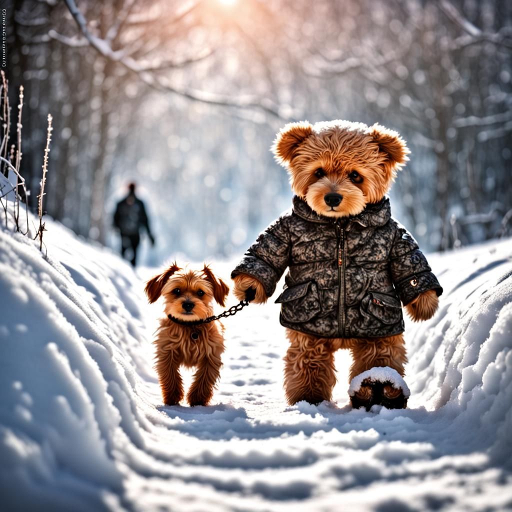 Teddy Bear Walks Dog in Snowy Landscape