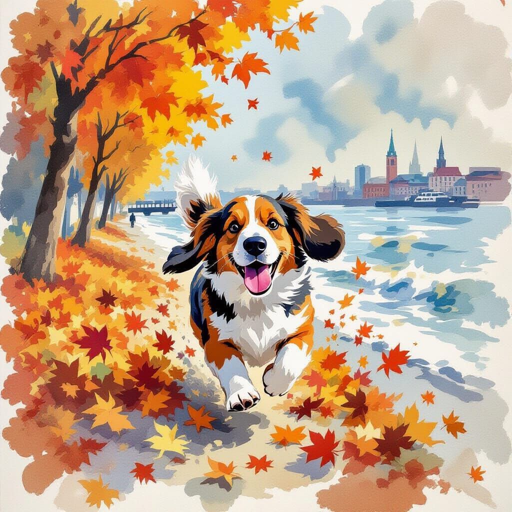 Fluffy Basset Hound in Autumn Harbor Scene