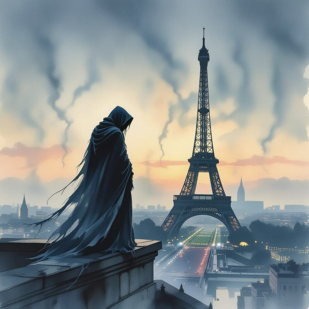Melancholy Figure on Eiffel Tower at Twilight