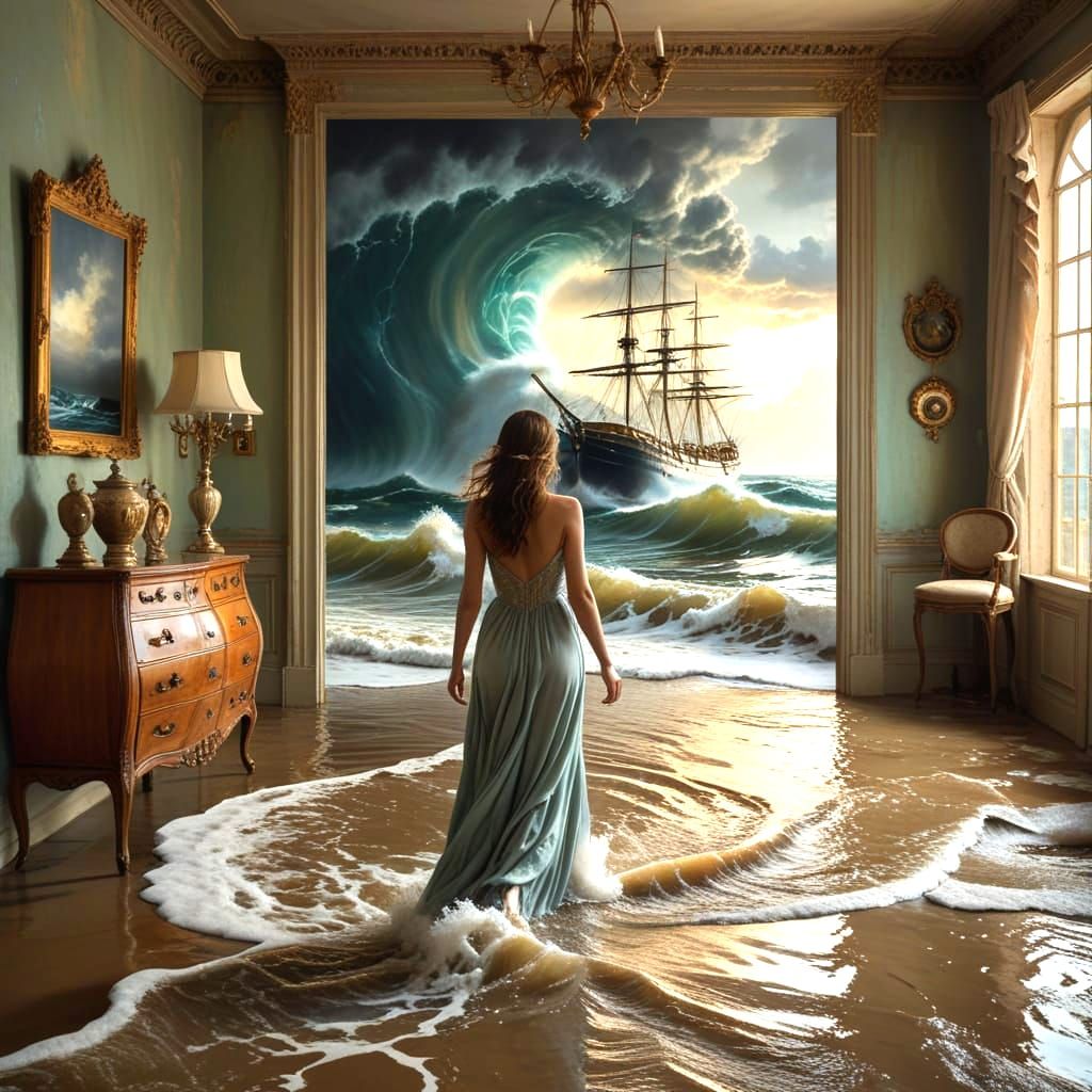 Surreal Woman Walks Through Flooded Room From Painting