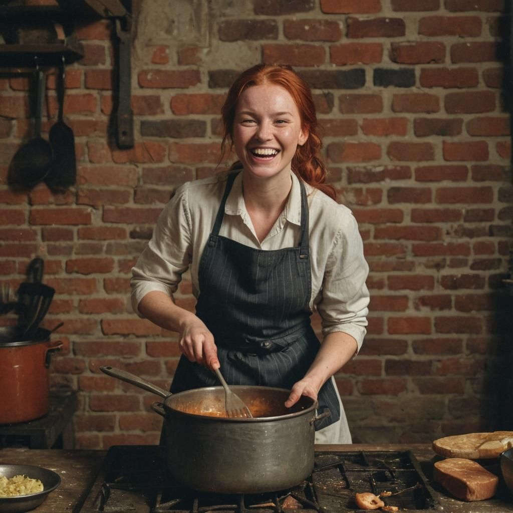 Laughing Redhead Cooks Dinner in Vintage Kitchen