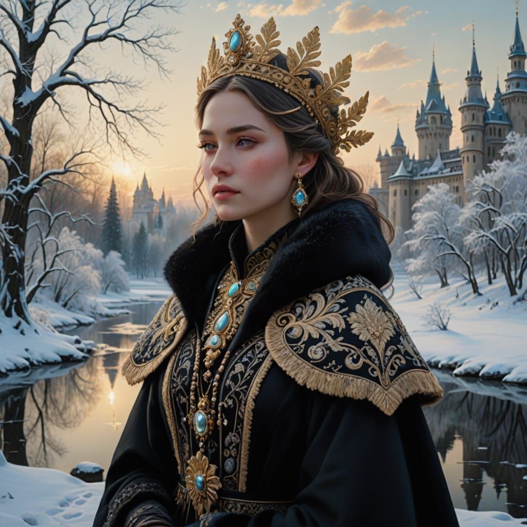 Regal Woman in Embroidered Coat in Ethereal Winter Landscape