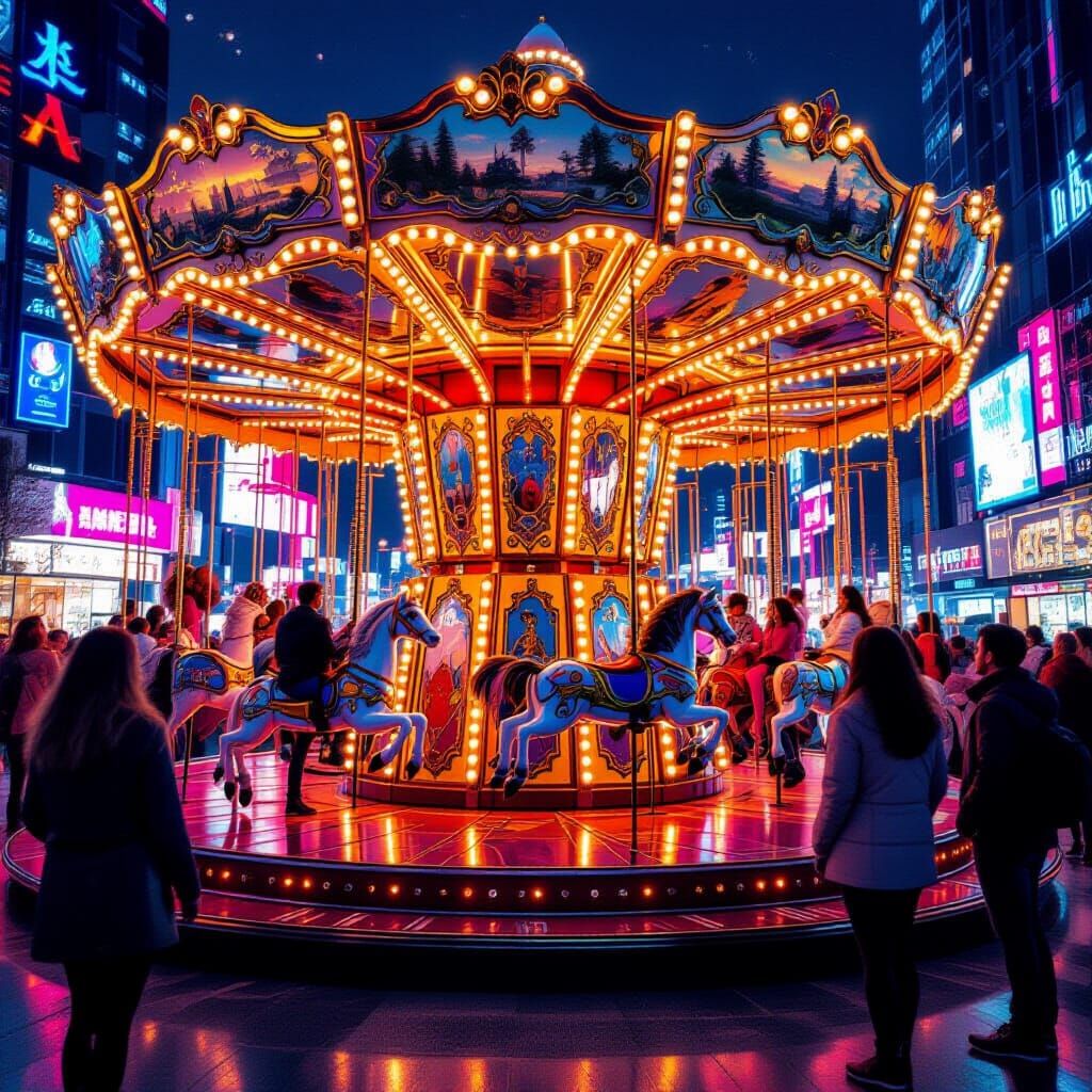 Futuristic Carousel Thrills Visitors in High-Res Neon Citysc...