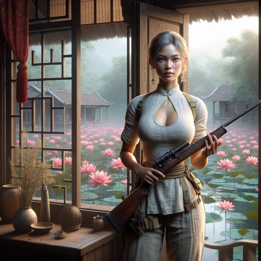 Vietnamese Woman with Rifle: Matte Painting Concept Art