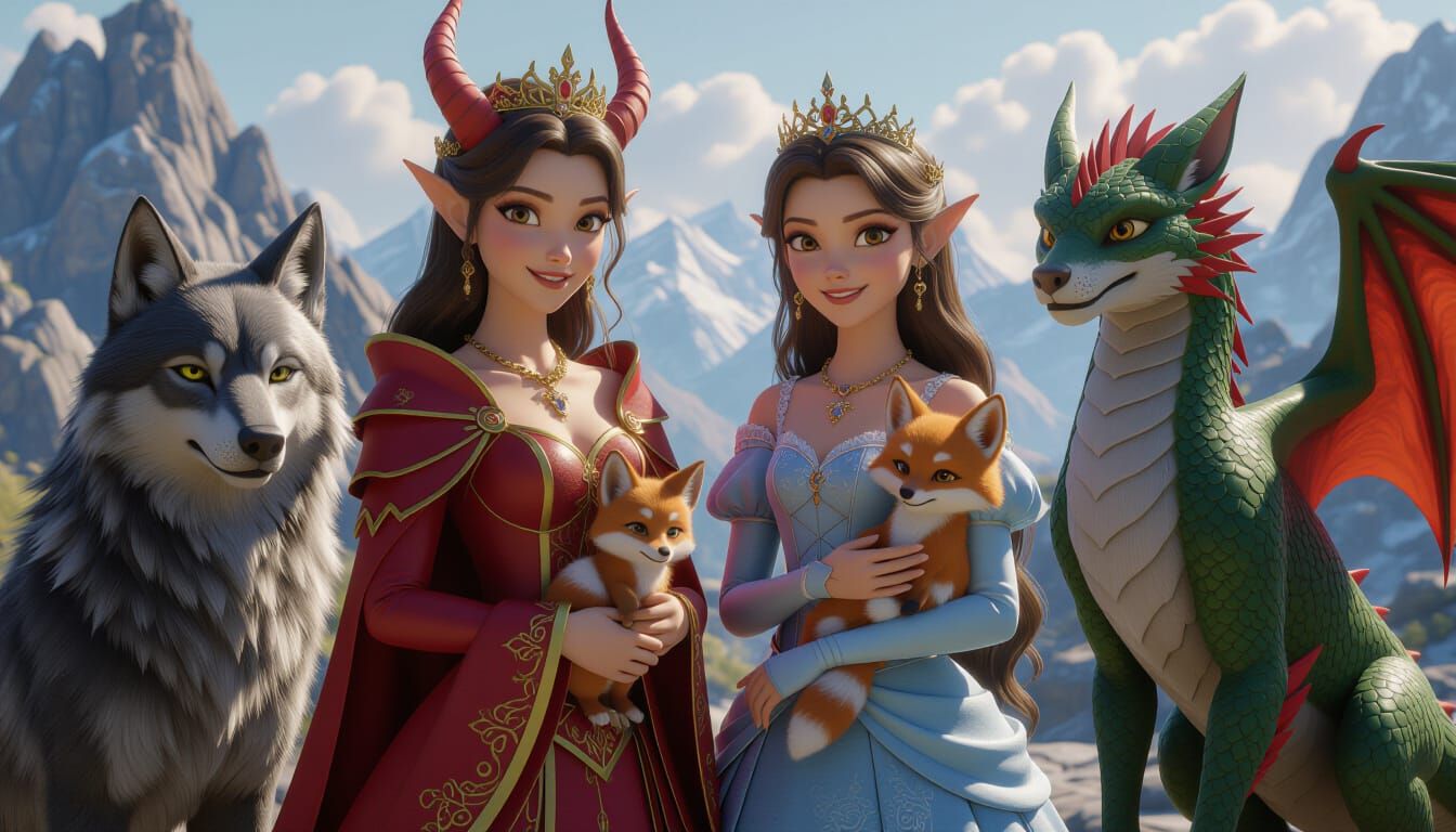 Demon and Nice Princesses with Wolf, Dragon, and Fox