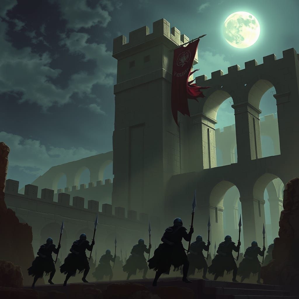 Moonlit Citadel in Desert Ruins with Imperial Banners