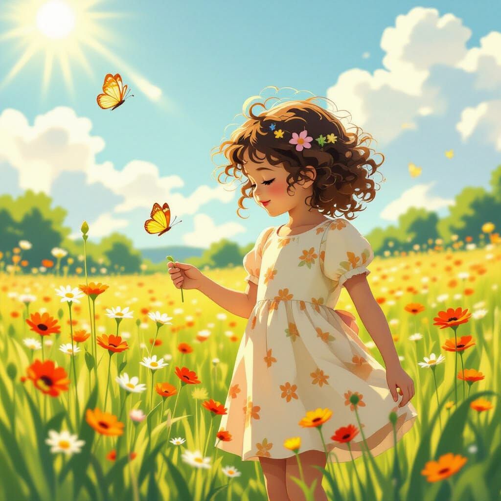 Girl Picking Flowers in Sunny Meadow, Anime Style