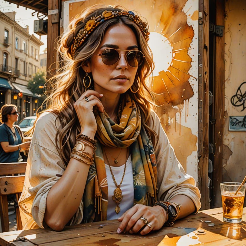 Woman in Hippie Style Drinking in Sunlit Atmosphere