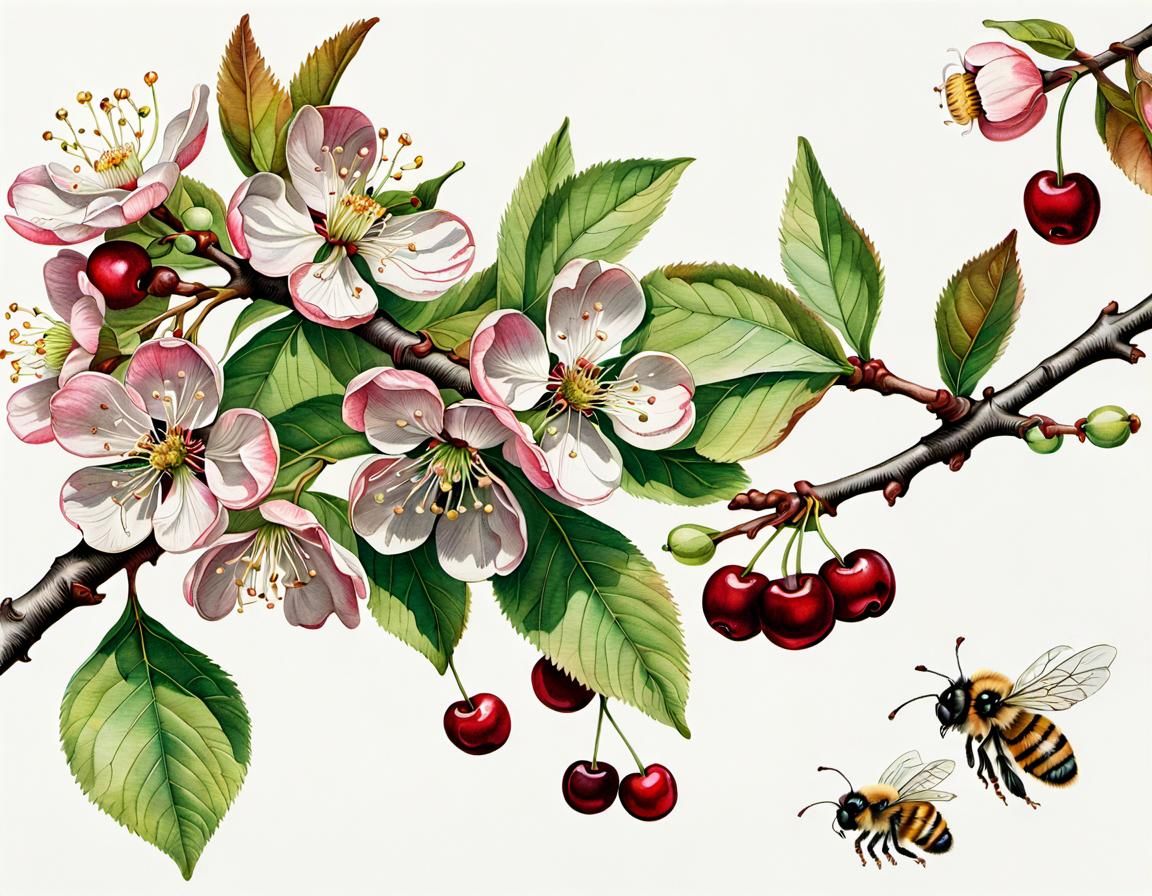 Cherry botanical ink illustration