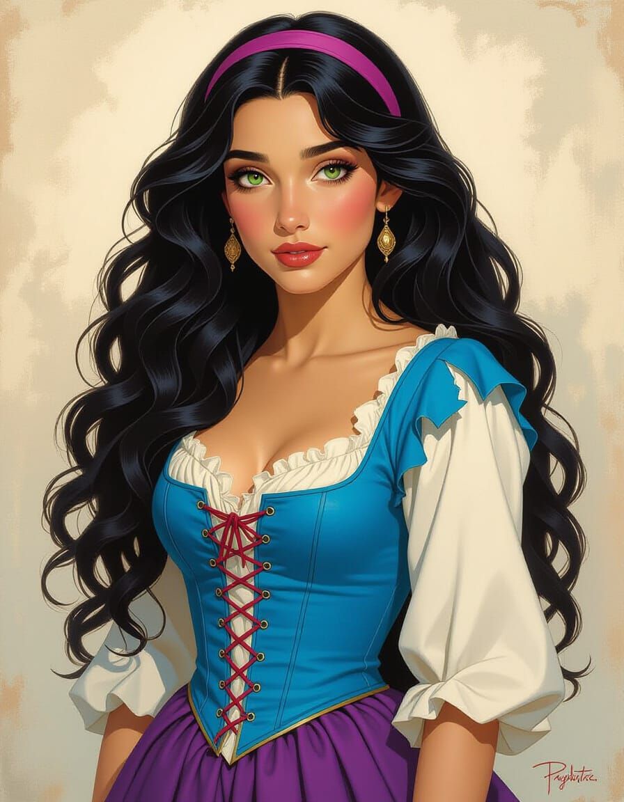 Glowing Portrait of Esmeralda in Romantic Oil Style