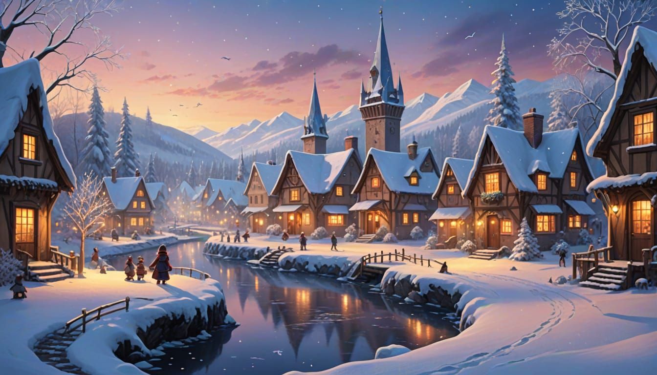 Enchanting Snowy Village at Twilight with Magical Details