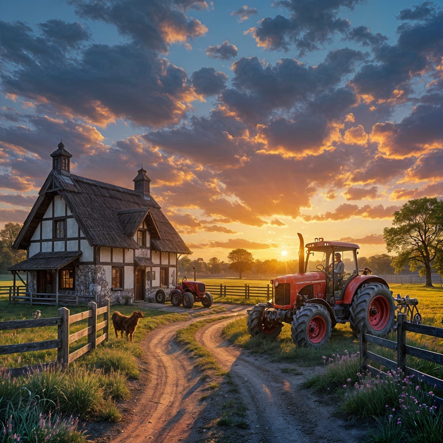 Vibrant Sunset Over Intricate Farmyard Landscape