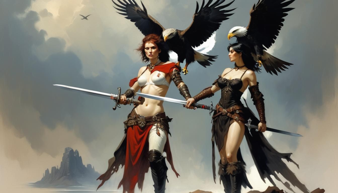 Woman with Sword and Eagle in Dark Fantasy Style