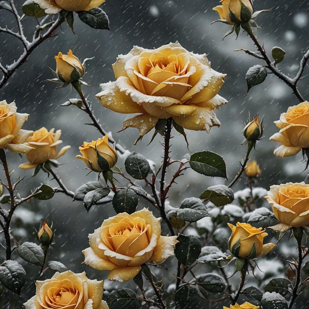 Yellow Rose Blooms in Majestic Snowstorm