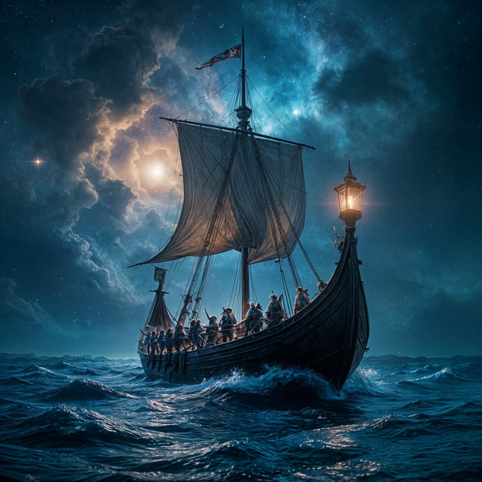 Viking Longship Navigates Starry Nebula in 3D Render