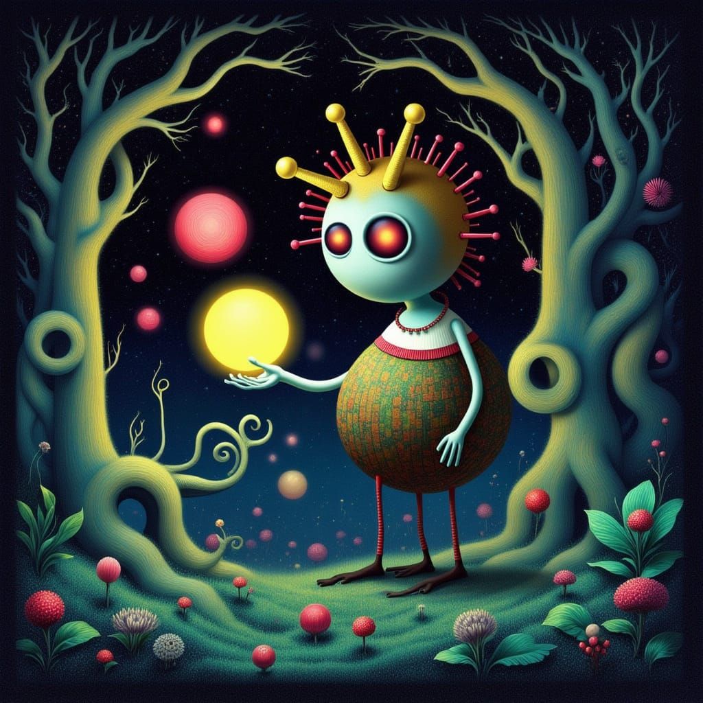 Whimsical Clown Juggles Light in Ethereal Forest