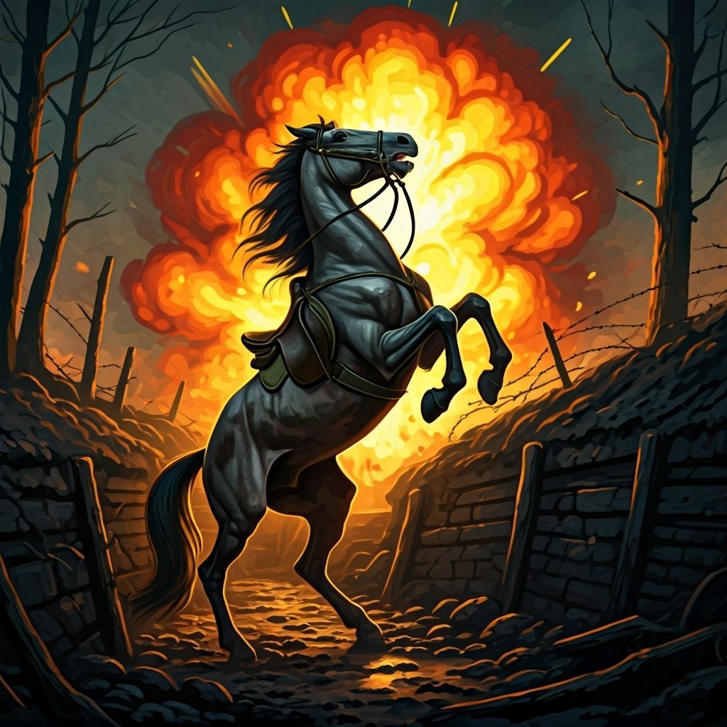 Terrified Horse in WW2 Trench, Doré and Rutkowski Style