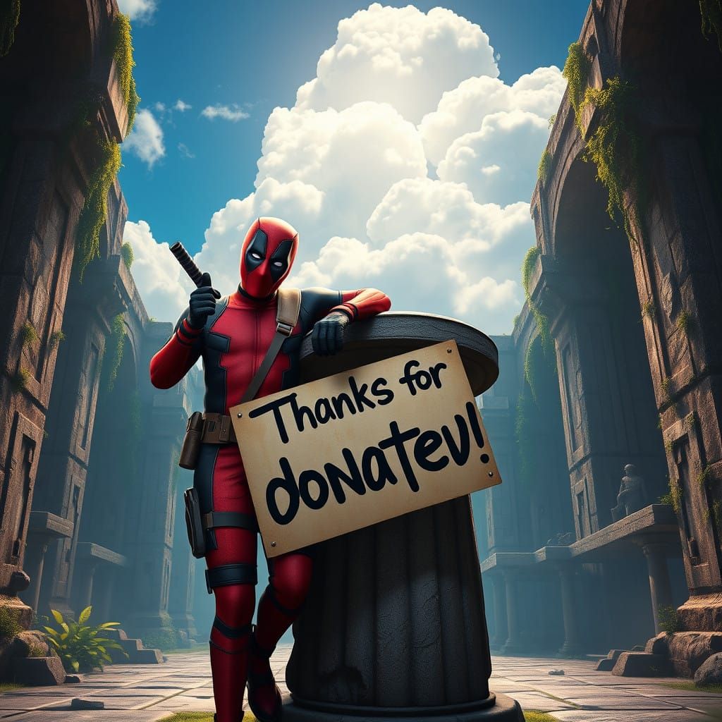 Witty Deadpool Statue in Ancient Temple Setting