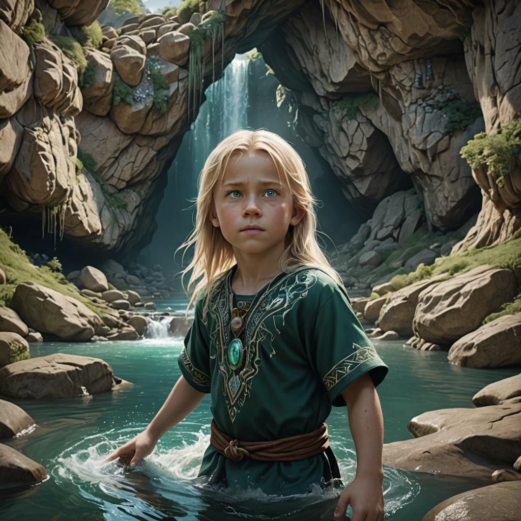 Boy with Water Power in Rock Cave