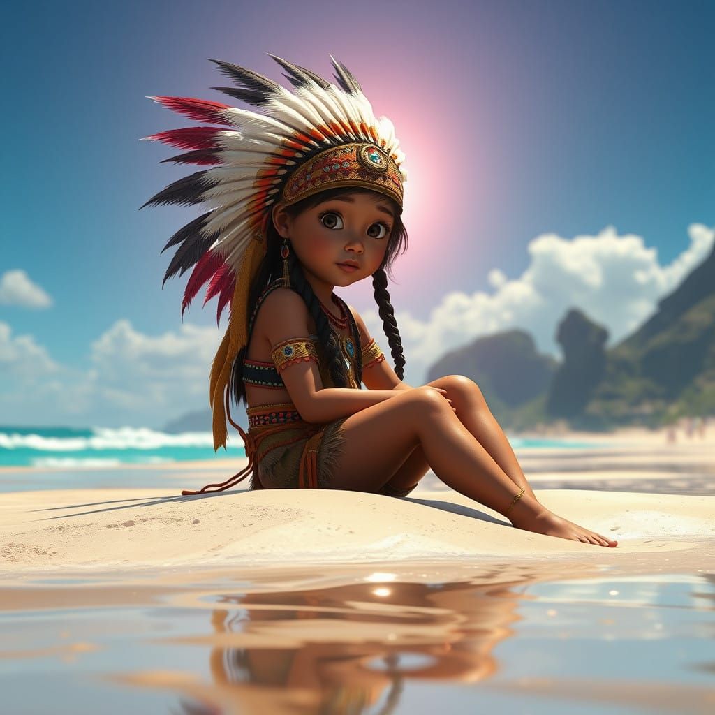 Native American Girl on Tropical Beach in Vibrant Colors