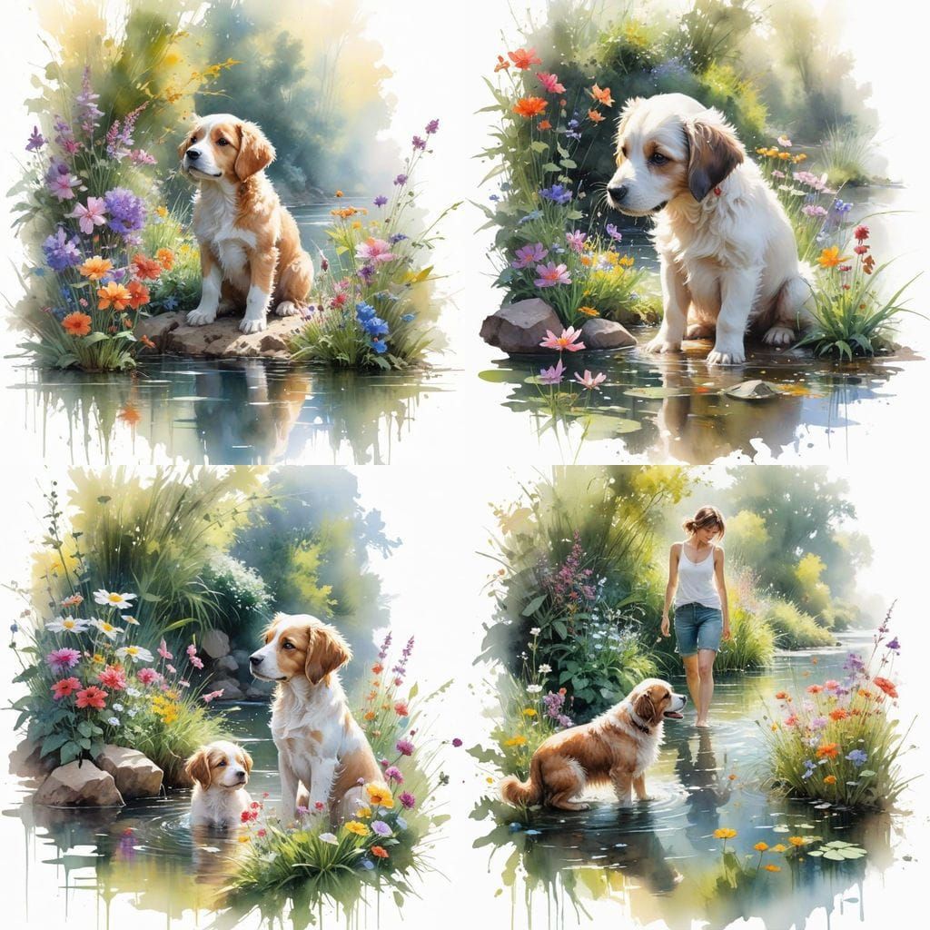 Vibrant Garden Scene with Playful Puppy and Owner