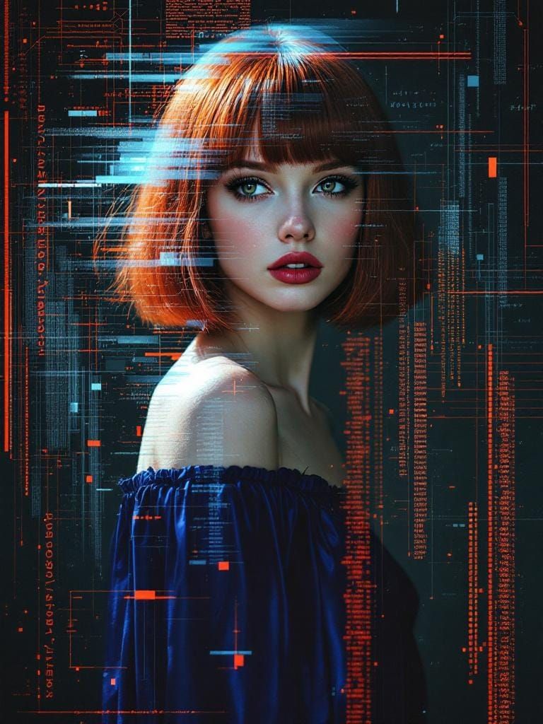Glitch Art Portrait of Woman with Digital Overlays