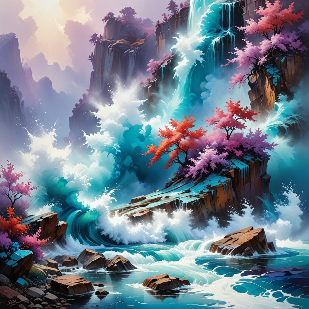 Abstract Turquoise Landscape with Gold Splash