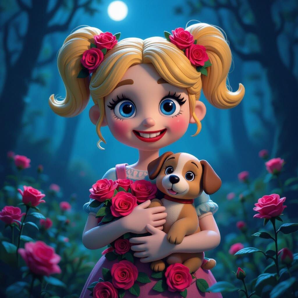 Claymation Girl With Roses And Puppy In Neon Forest