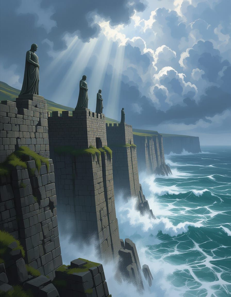 Ancient Fortress on Cliffs with King Statues in Dark Fantasy...