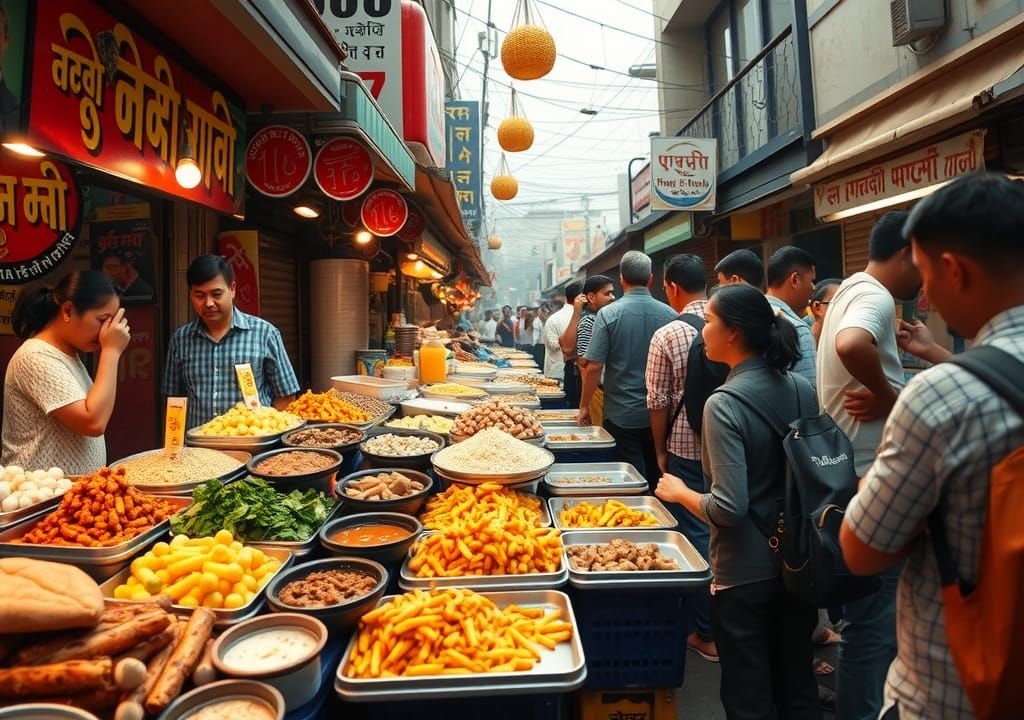 Bustling Street Food Market with Tasty Food
