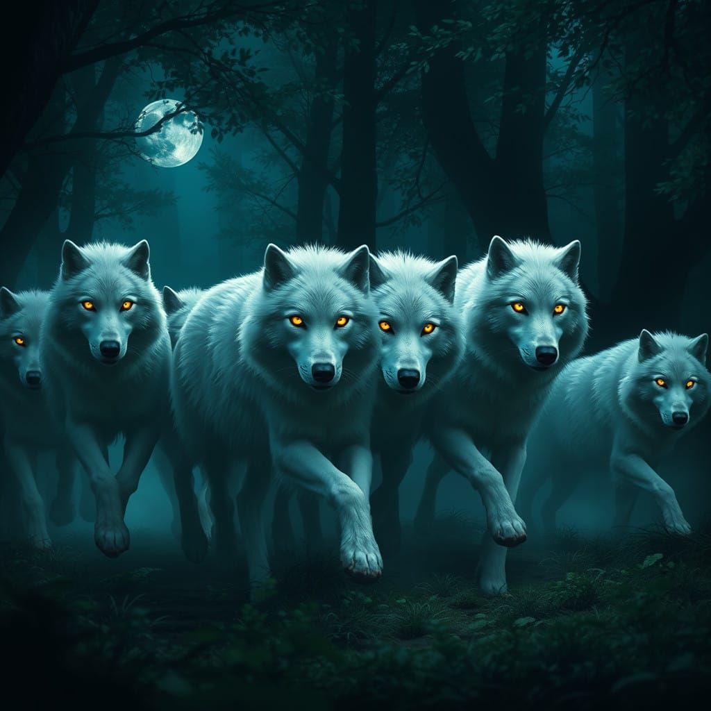 Realistic Wolves Run in Mystical Dark Forest Under Moonlight