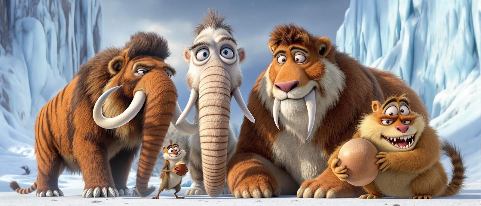 Ice Age Animals in Snowy Landscape: Cinematic Realism