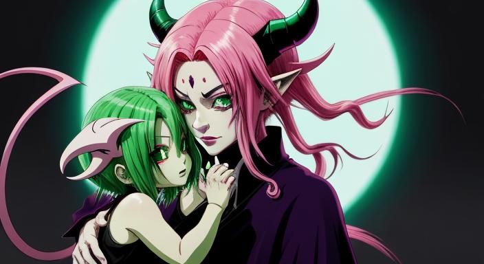 Demonic Mother and Child in Cel-Shaded Anime Style