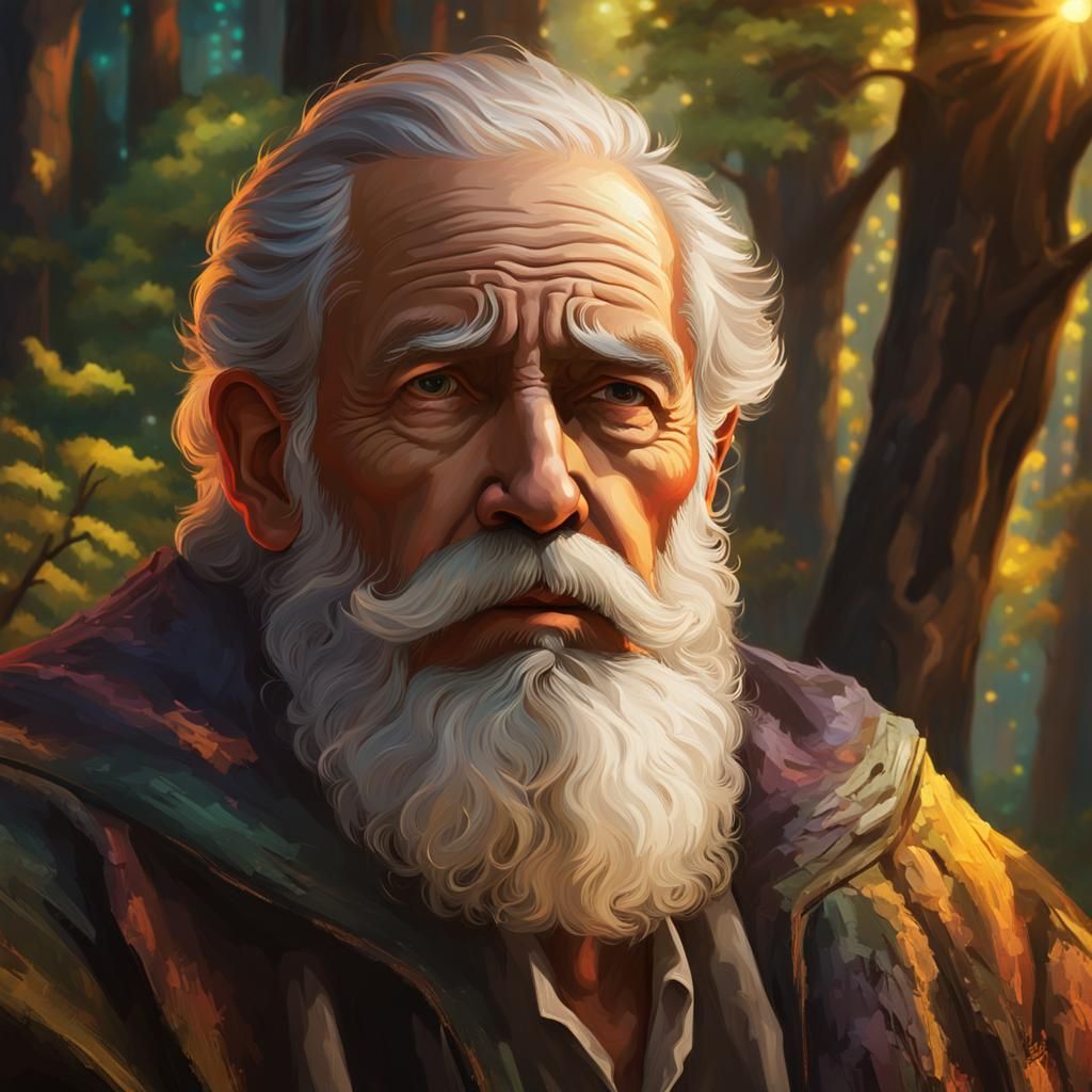 Contemplative Old Man in Forest, Oil Painting