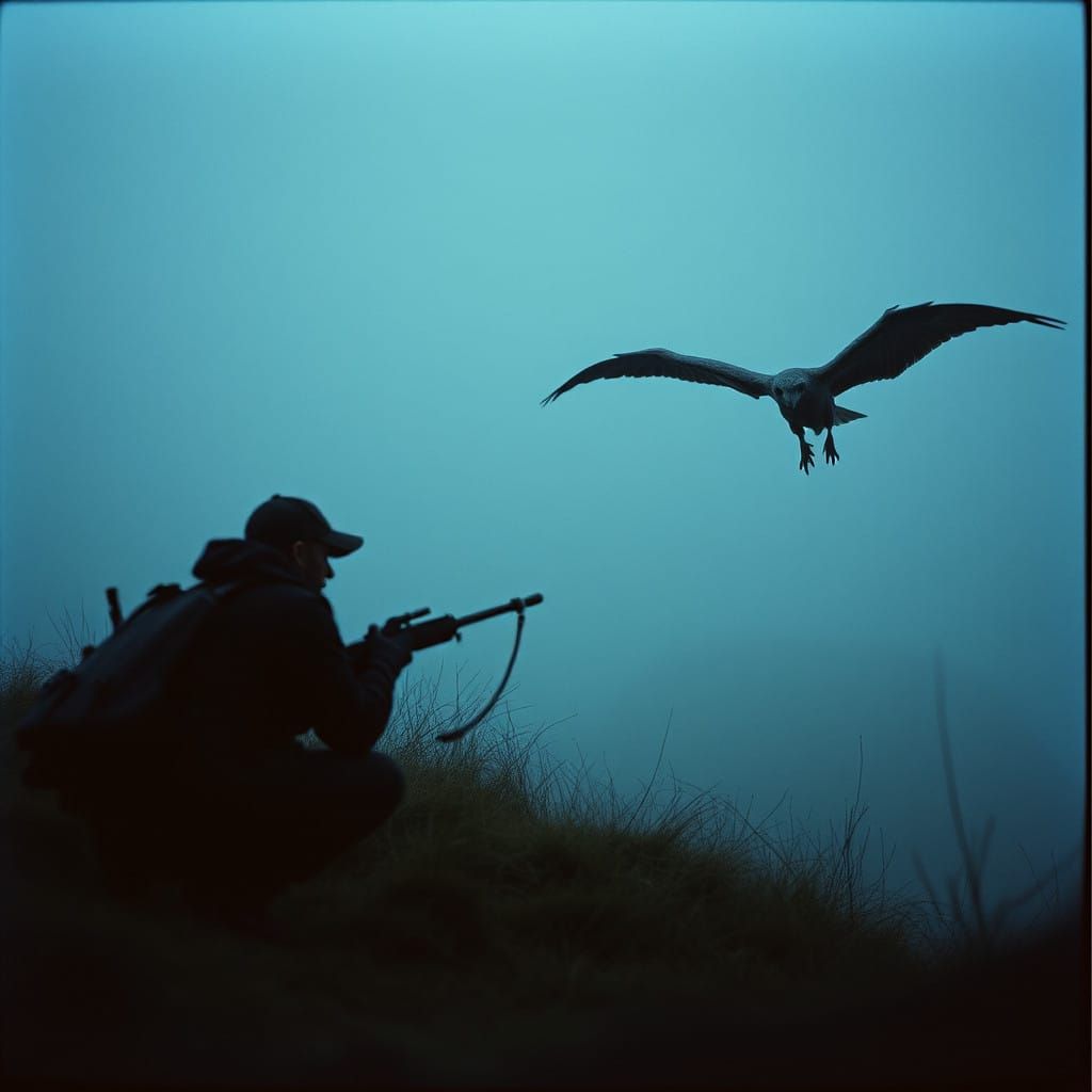 Hunters in Cinematic Film Still with Film Grain