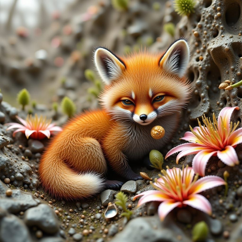 Fox Kit Snoozing in Surreal Garden