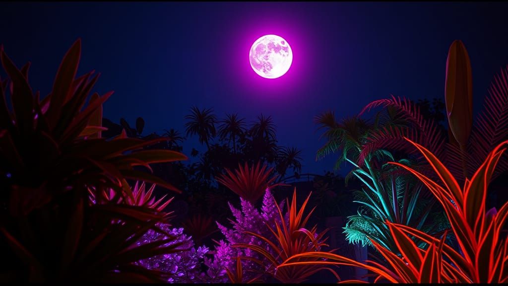 Fluorescent Night Garden Under Neon Moon