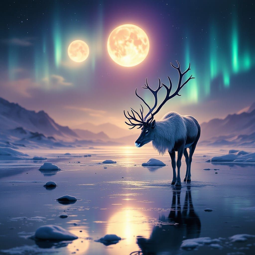 Reindeer with Glowing Nose Reflected in Frozen Lake