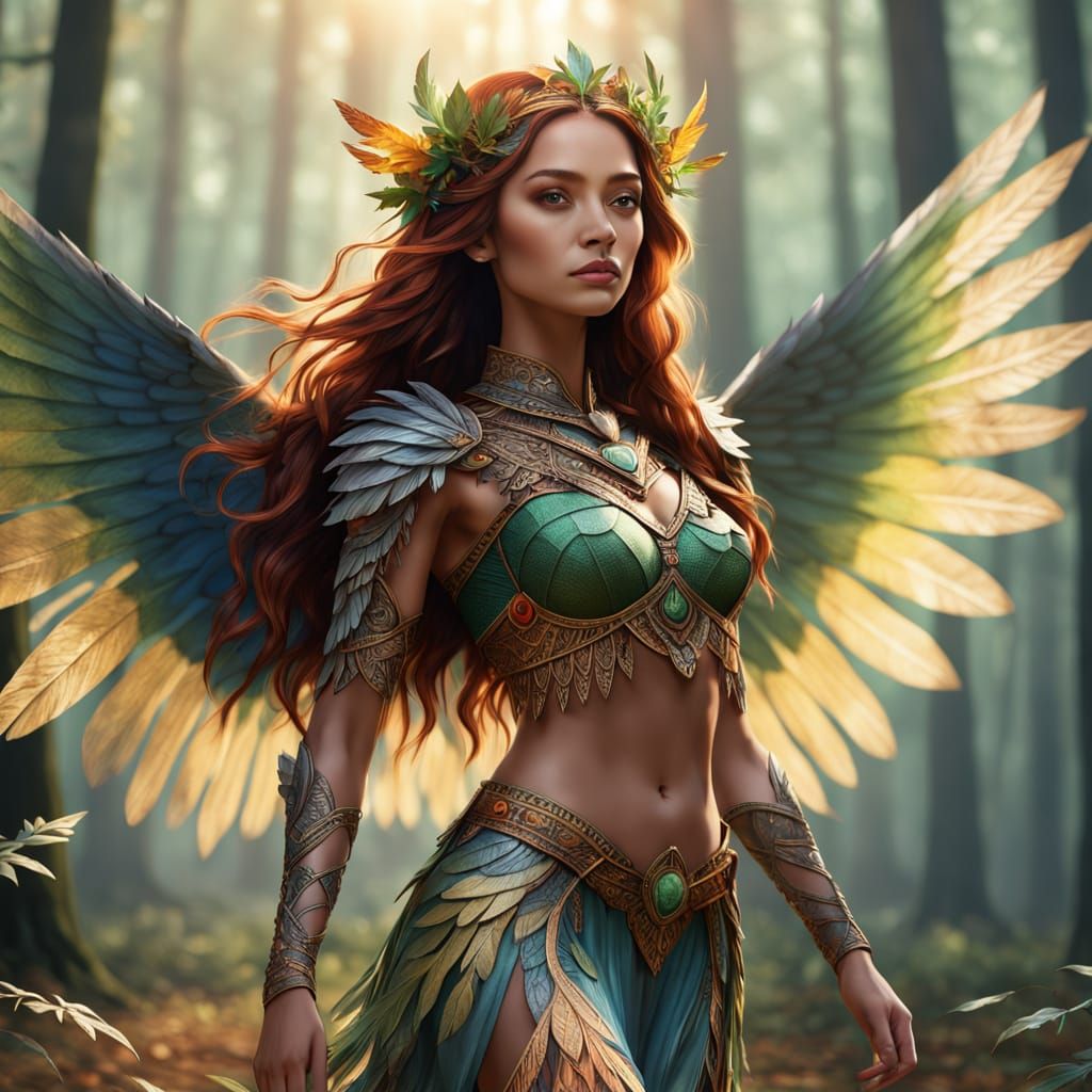 Woman with Bird Wings in Forest, Photorealistic Fantasy Art