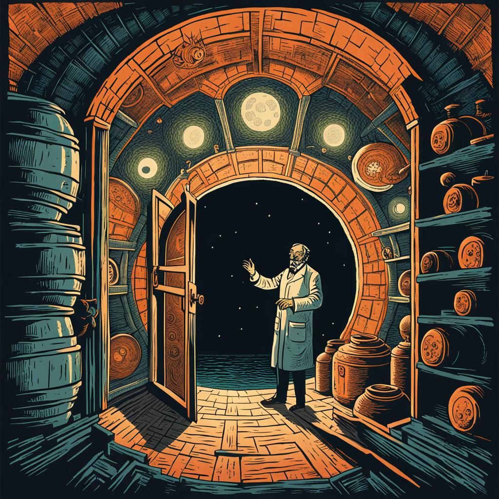 1920s Scientist Opens Portal: Woodblock Print Illustration