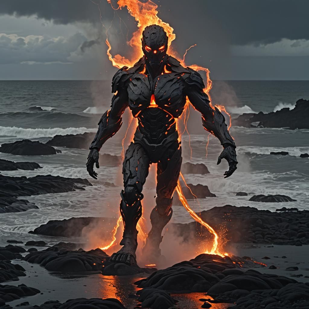 Lava Golem Strides into Ocean During Lightning Storm