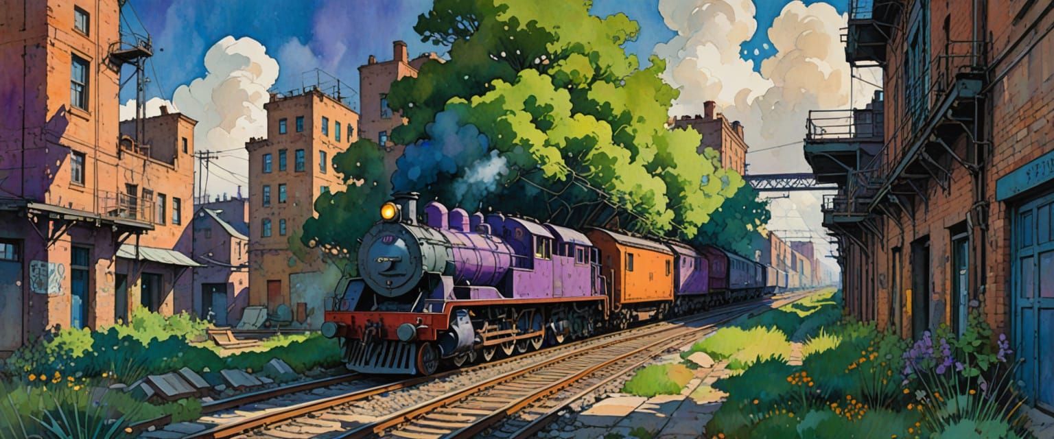 Impressionistic Factory District with Freight Trains