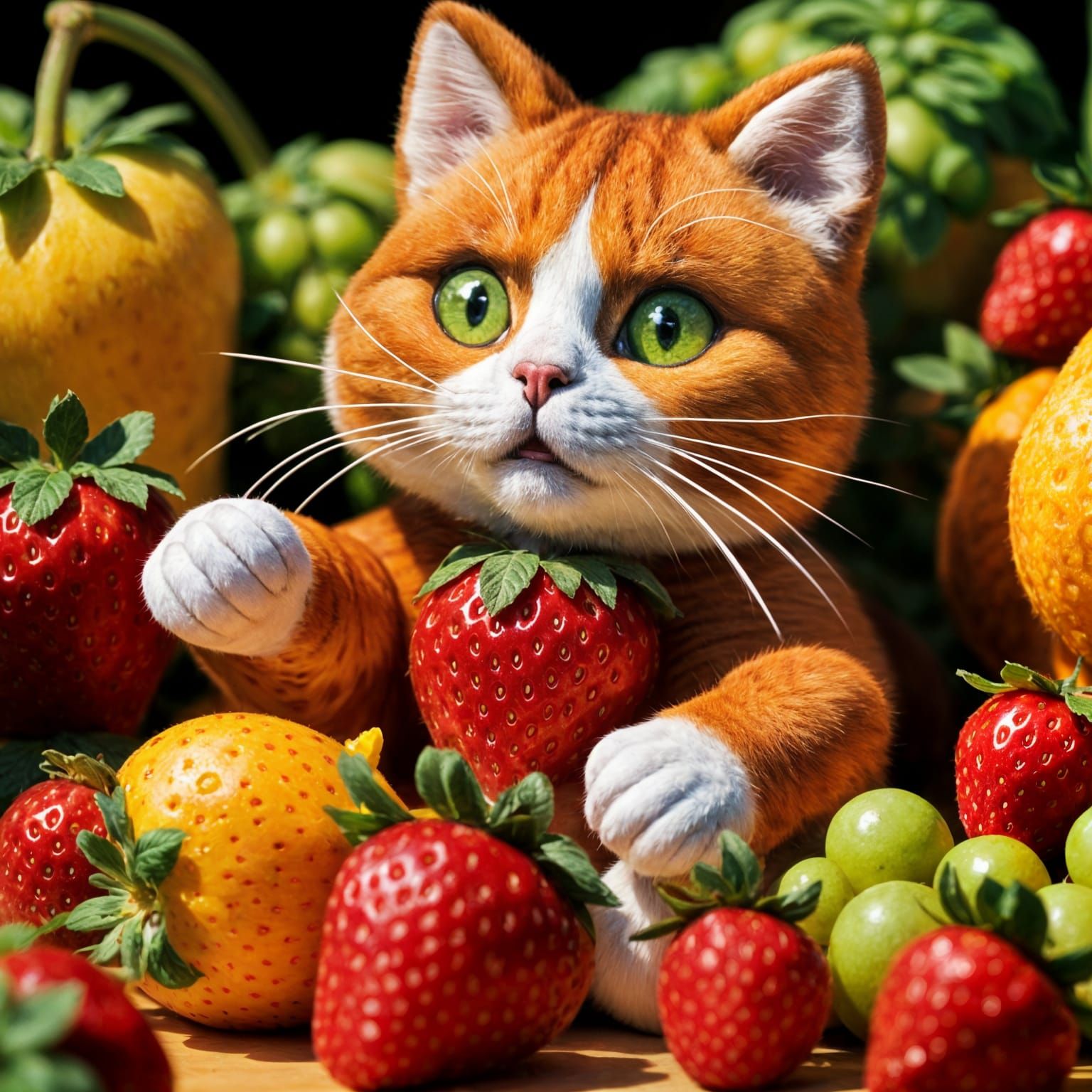Fruit Cat Frolics in Vibrant Garden