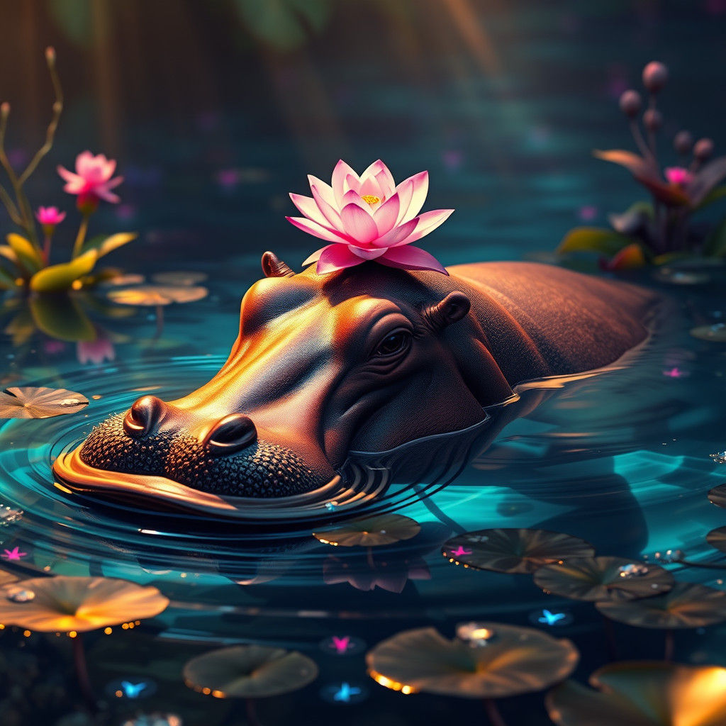 Hippo in Mystical Lake with Water Lily
