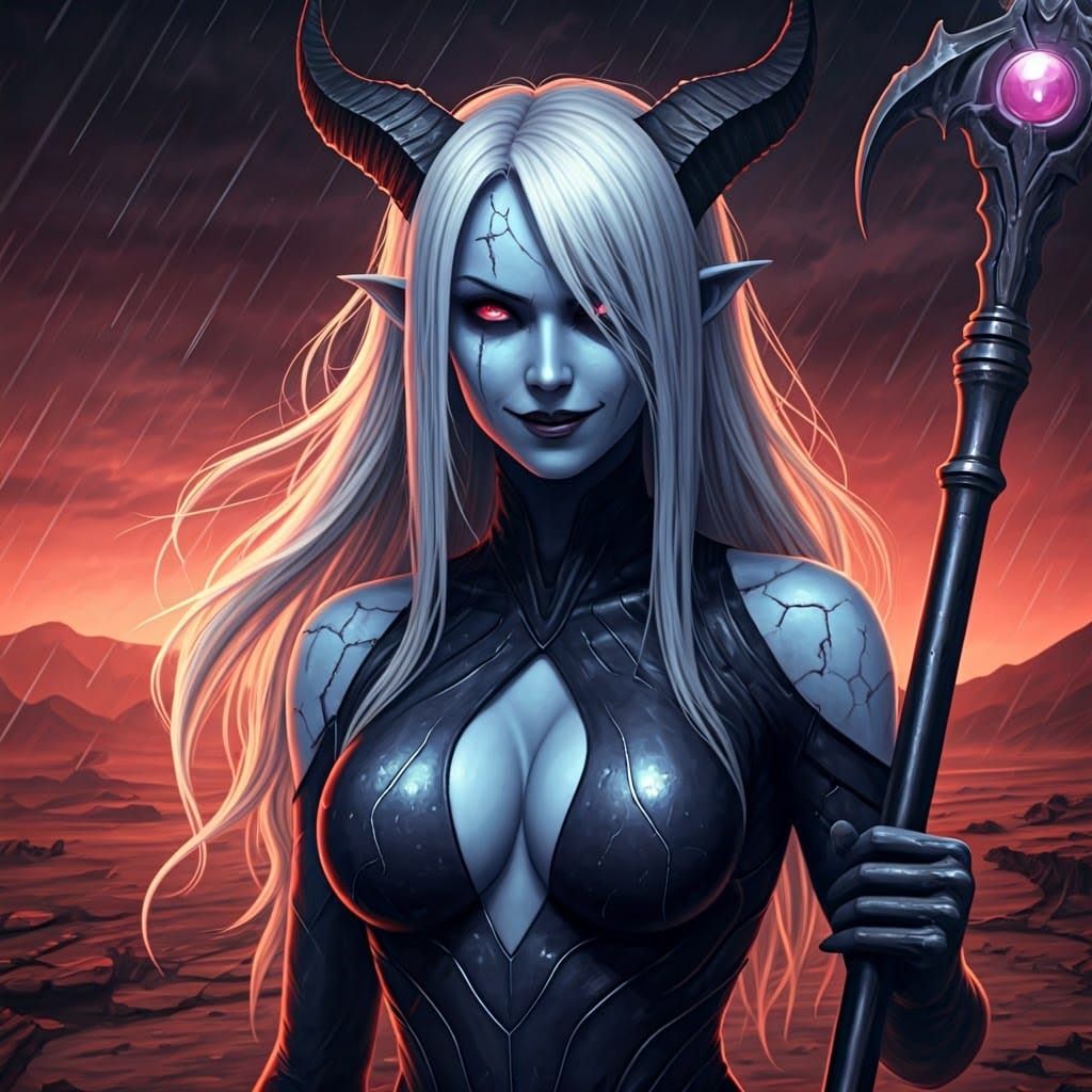 Dark Fantasy Demoness in Red Stormy Desert