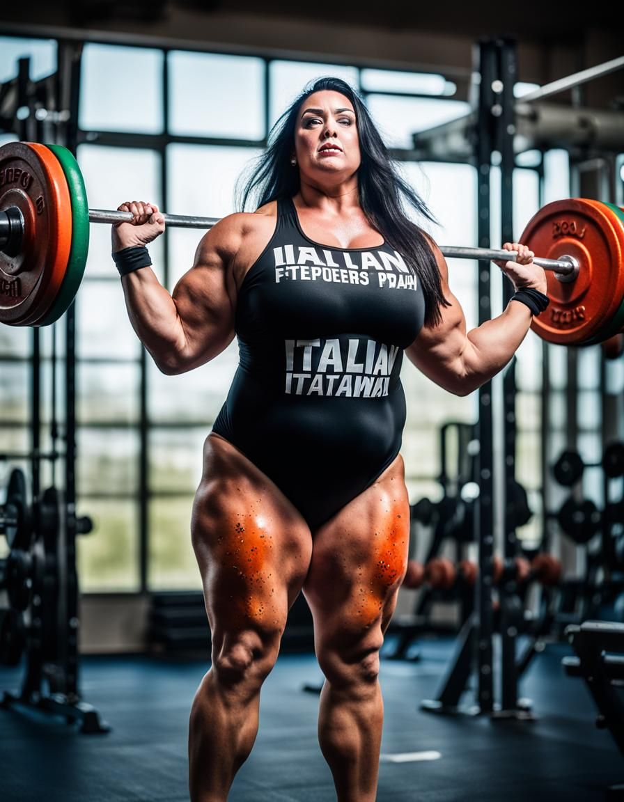 Powerful Italian Fitness Model Lifting Barbell with Determin...