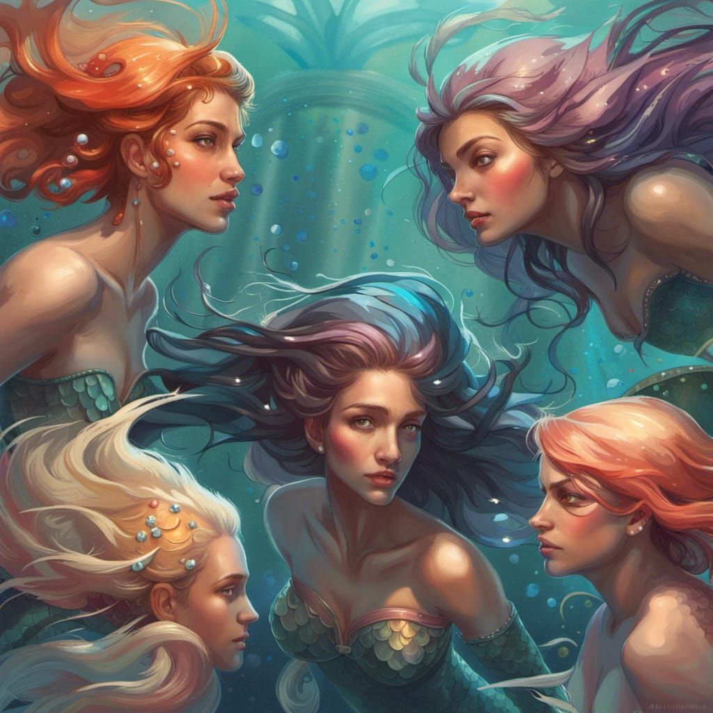 Mermaids Swimming: Hyperdetailed Fantasy Portrait