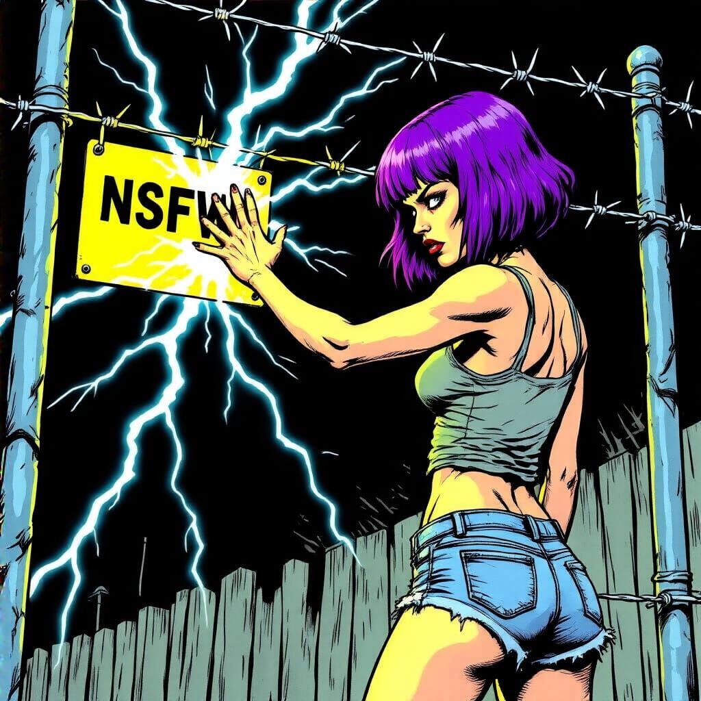 Woman Touches Electrified Fence in Gritty Comic Style